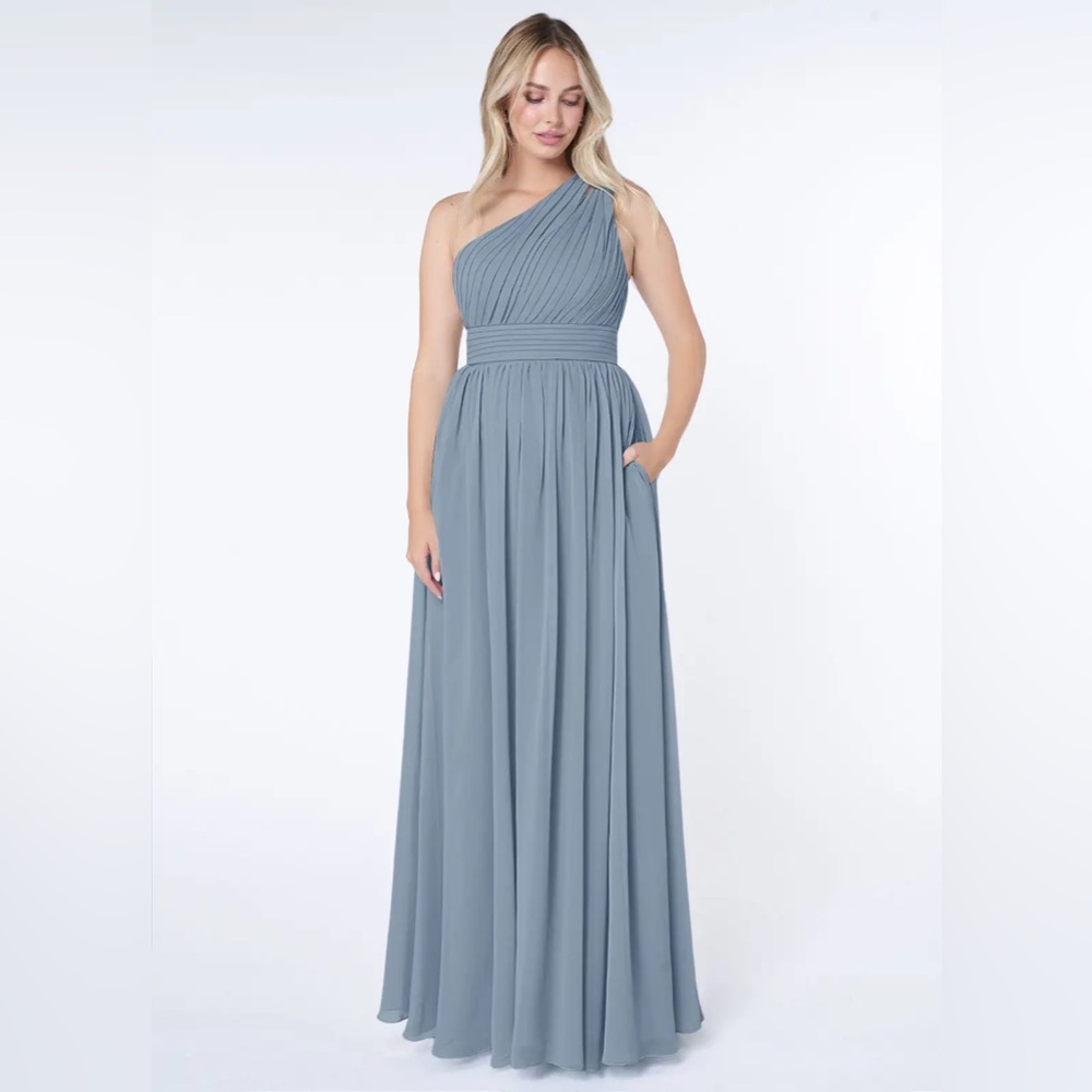 Azazie One Shoulder Gown in Soft Dusty Blue